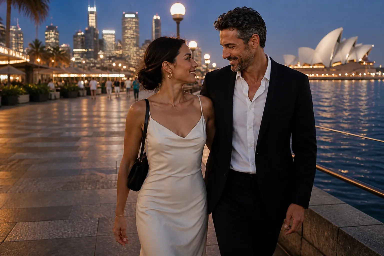 Couple walking beside Sydney Harbour